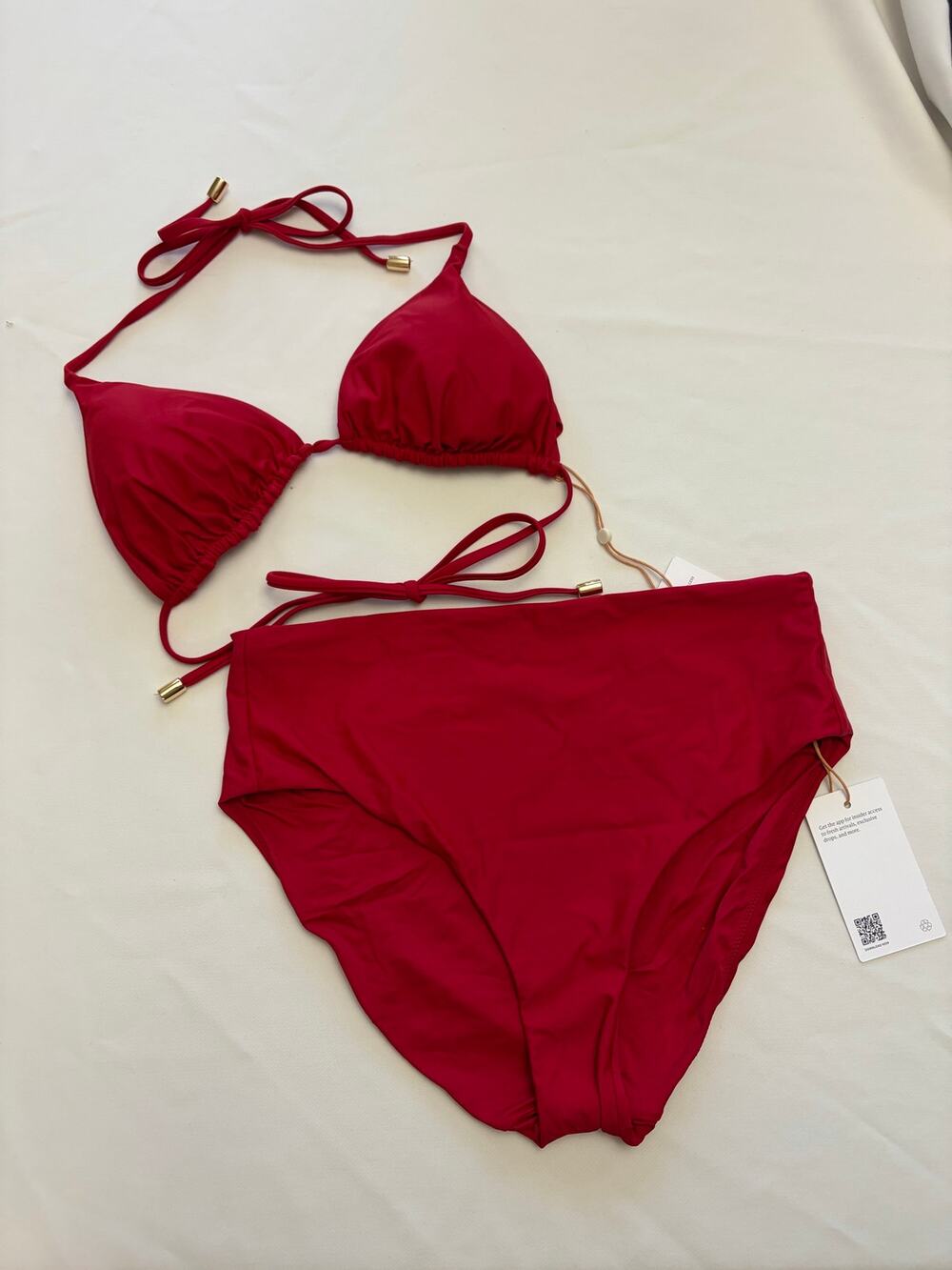 Quince Cherry Red Two Piece Set Triangle Top & High Rise Bikini Bottoms Med NEW